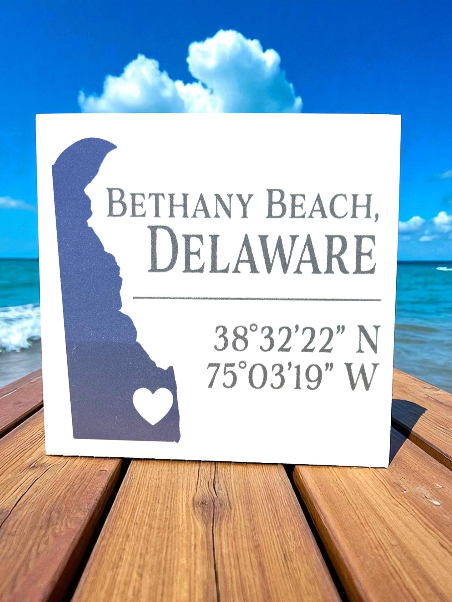 Bethany Beach Delaware Coordinates Sign Wood Shelf Sitter or Wall Hanging, Small Town Gift, Bethany Beach DE Decor