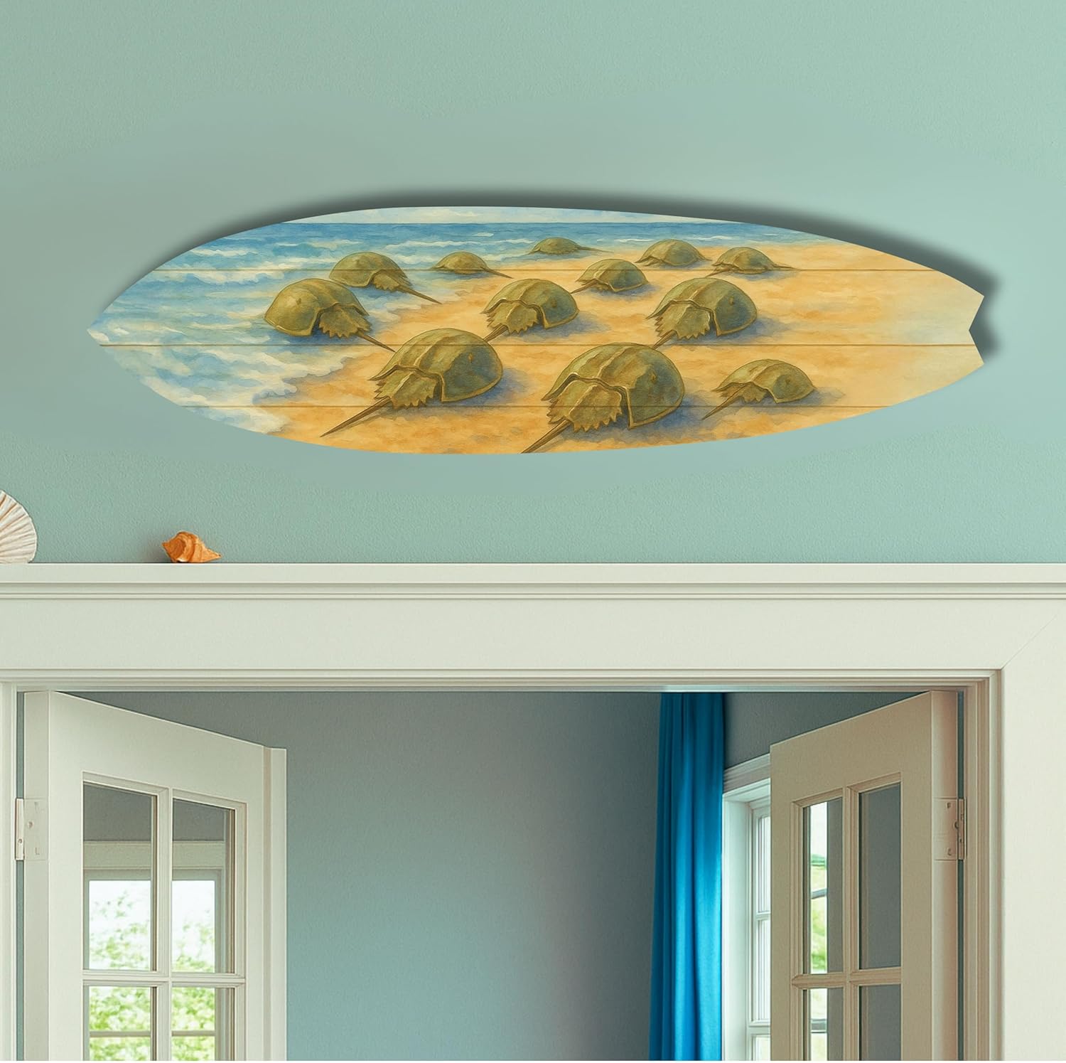 JennyGems Horseshoe Crab Surfboard Wall Art – Coastal PVC Sign for Beach House Decor, Marine Life Surfboard Sign – Nautical Wall Accent, 2 Foot