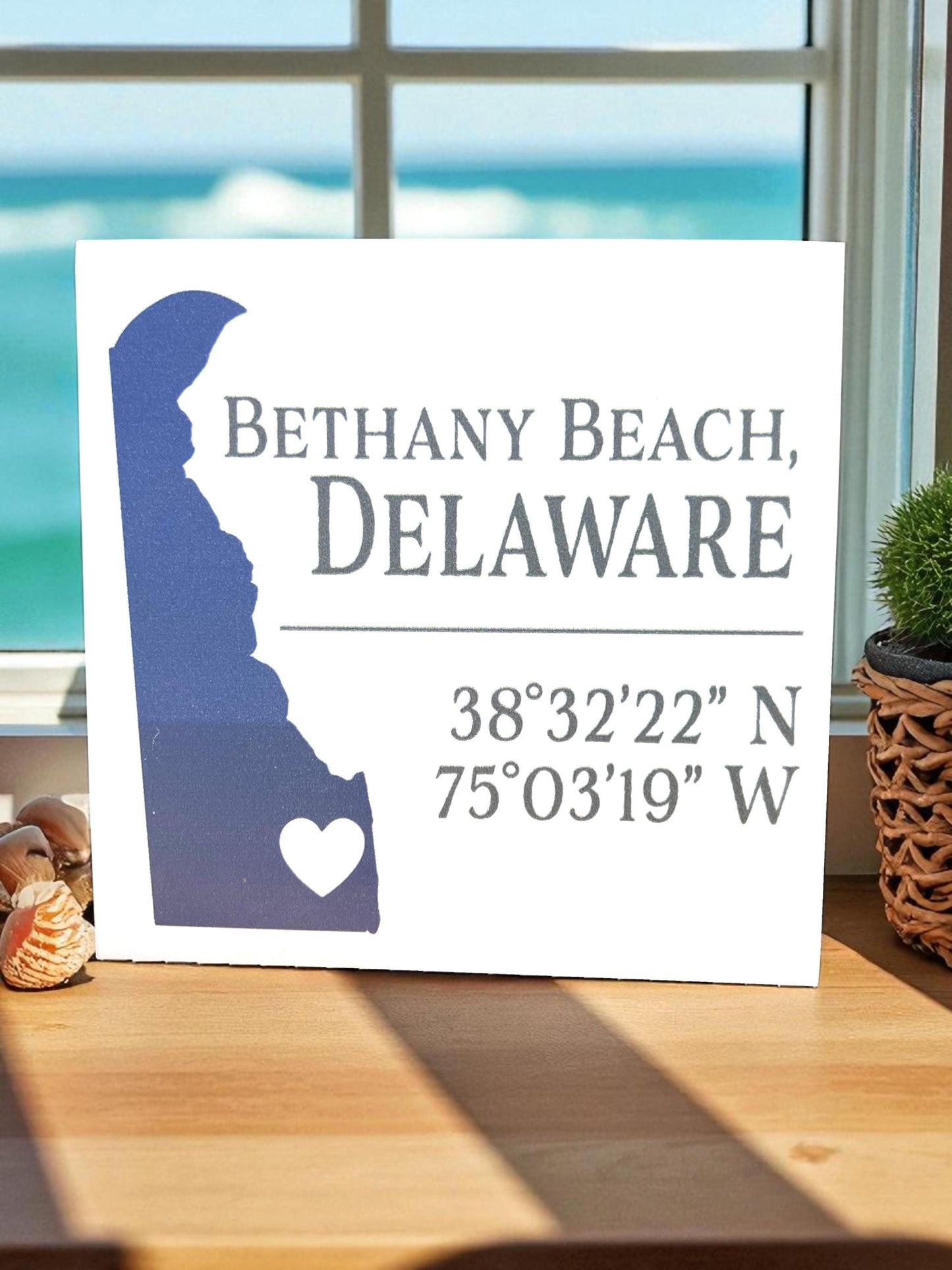 Bethany Beach Delaware Coordinates Sign Wood Shelf Sitter or Wall Hanging, Small Town Gift, Bethany Beach DE Decor